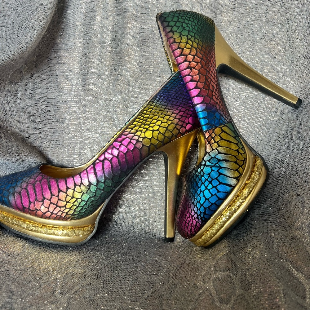 Wild Rose Rainbow Faux Snakeskin platform pumps